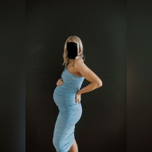 Pink blush one shoulder rushed midi dress